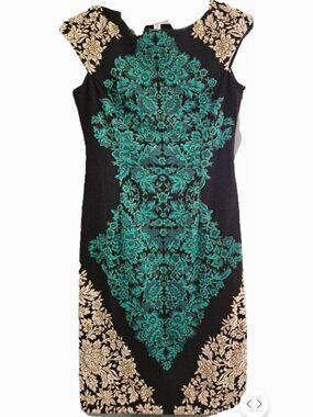 London Times Green Black White Floral Dress Size 4